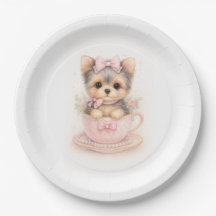 Kawaii Yorkie Teacup Birthday Paper Plate