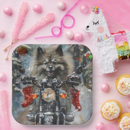 Assiettes En Carton Keeshond chien équitation moto Noël (Fête)