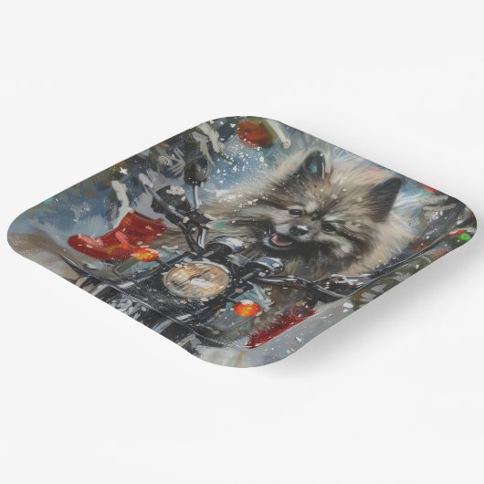 Assiettes En Carton Keeshond chien équitation moto Noël (Angulaire)