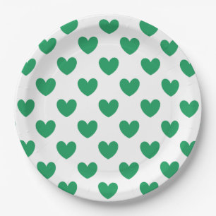 Assiettes En Carton Kelly Coeurs polka vert sur blanc