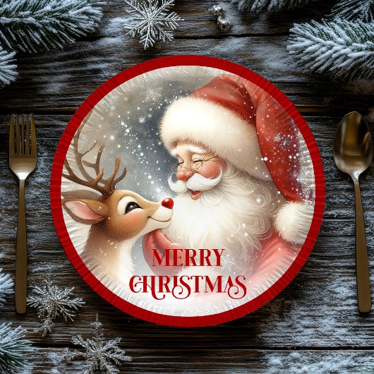 Assiettes En Carton Kids Christmas Plates with Cute Santa and Rudolph