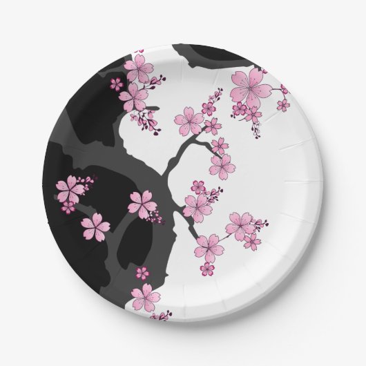 Assiettes En Carton Kimono japonais Sakura noir et blanc (Devant)