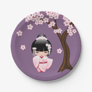 Assiettes En Carton Kimono Rose Kawaii Poupée Kokeshi sur Fond Violet