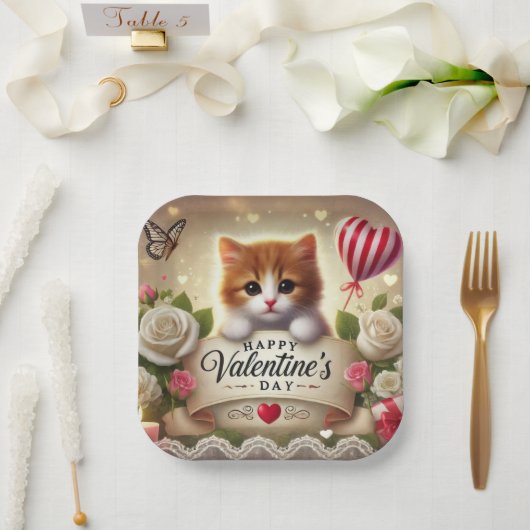 Assiettes En Carton Kitten adorable avec Roses, bougies et coeurs (Mariage)