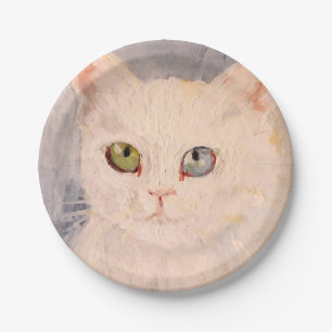 Assiettes En Carton Kitten blanc avec oeil bleu et papier d'oeil vert