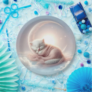 Assiettes En Carton Kitten dormant sur une lune de croissant