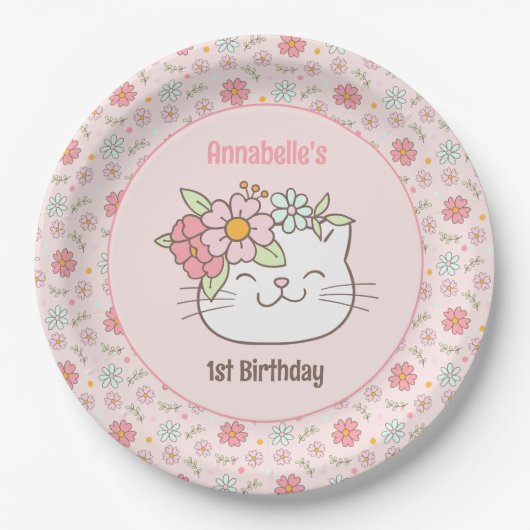 Assiettes En Carton Kitten Kitty Chat Rose fille 1er Anniversaire serv (Devant)