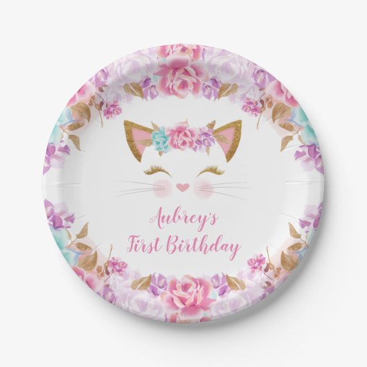 Assiettes En Carton Kitten kitty chaton floral rose violet turquoise (Devant)