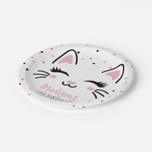 Assiettes En Carton Kitty Chat rose or fête d'anniversaire (Angle)