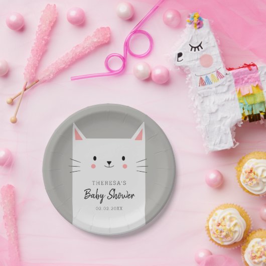 Assiettes En Carton Kitty Chat Thème Baby shower Blanc Kitten (Fête)