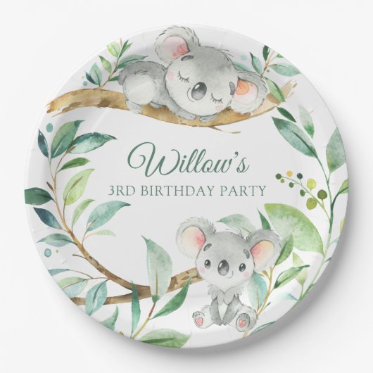 Assiettes En Carton Koala Green et Grey Custom Birday Party (Devant)