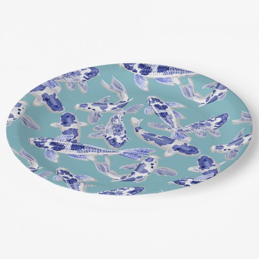 Assiettes En Carton Koi bleu et blanc (Angle)