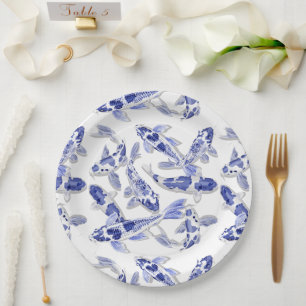 Assiettes En Carton Koi bleu et blanc