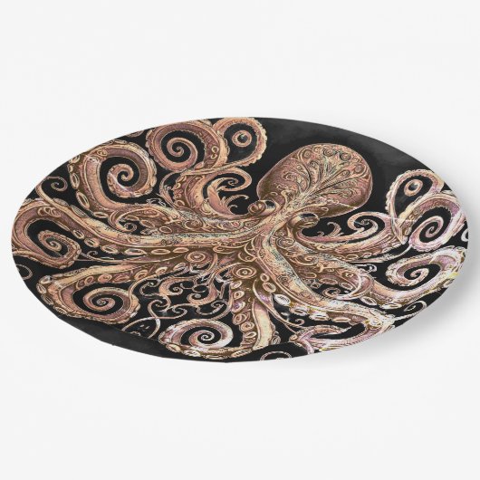 Assiettes En Carton Kraken Steampunk Octopus Ornate Gold Noir (Angle)