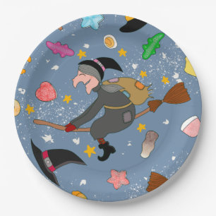 Assiettes En Carton La befana vient la nuit avec le motif du balai