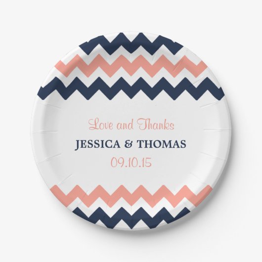Assiettes En Carton La collection Mariage moderne Chevron - Rose & Nav (Devant)