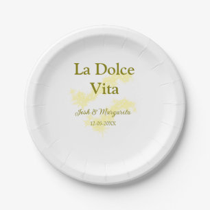 Assiettes En Carton La Dolce Vita jaune couple marié Nom date paillett