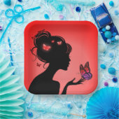 Assiettes En Carton La femme papillons rouges (Fête)