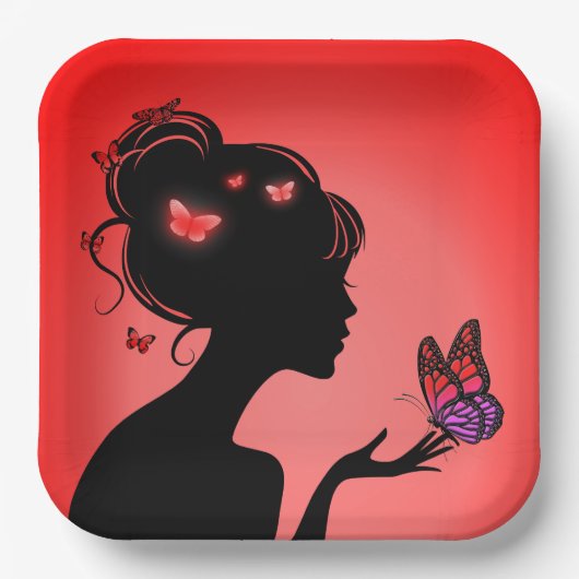 Assiettes En Carton La femme papillons rouges (Recto)