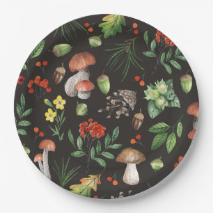 Assiettes En Carton La forêt d'aquarelle laisse à des champignons de