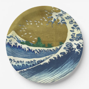 Assiettes En Carton La Grande Vague (Art Japonais Bleu et Or, Hokusai)