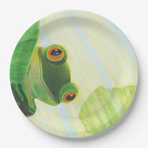 Assiettes En Carton La grenouille verte aux gros yeux derrière le pavé