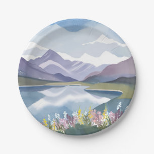 Assiettes En Carton Lac de montagne Paysage aquarelle floral