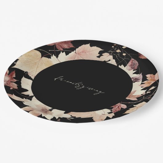 Assiettes En Carton L'Action d'Ami Feuilles D'Automne Noir Thanksgivin (Angle)