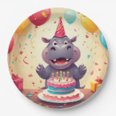 Assiettes En Carton L'adorable hippo fête l'anniversaire avec du gâtea (Devant)