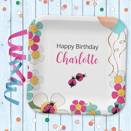 Assiettes En Carton Ladybugs et Fleurs Carrés fête d'anniversaire