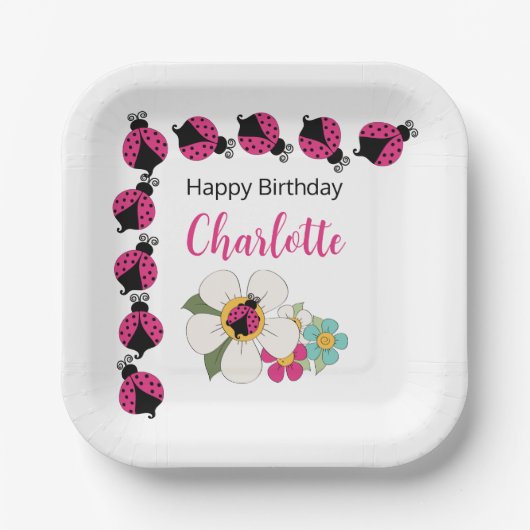 Assiettes En Carton Ladybugs et Fleurs Fête d'anniversaire (Recto)