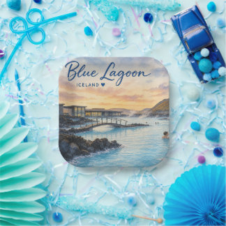 Assiettes En Carton Lagon bleu Islande bain thermal aquarelle