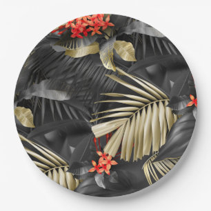 Assiettes En Carton Laisser Tropical Black & Gold et Fleurs rouges