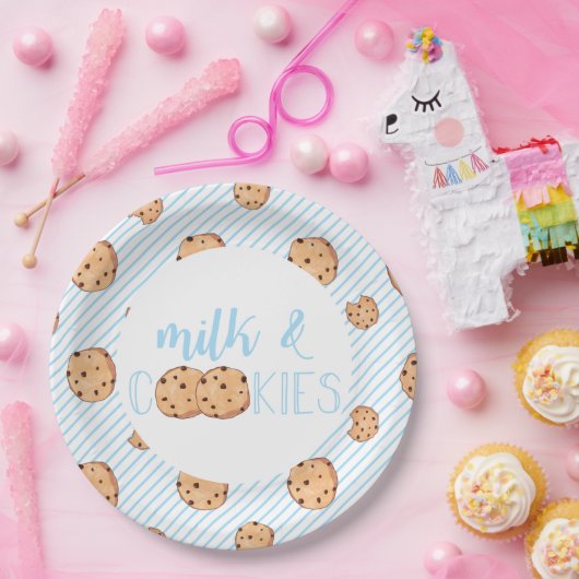 Assiettes En Carton Lait et biscuits bleu fête d'anniversaire (Fête)