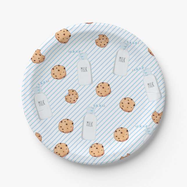 Assiettes En Carton Lait et biscuits Bleu Plaque papier d'anniversaire (Devant)