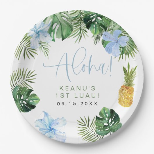 Assiettes En Carton LALANI Tropical Blue Hibiscus Luau 1er anniversair (Devant)