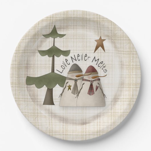 Assiettes En Carton L'Amour Ne Melte Jamais Couple Snowman Plaid (Devant)