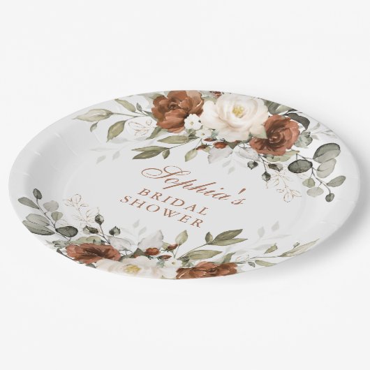 Assiettes En Carton Lancement de mariage floral rouille crème verdure (Angle)