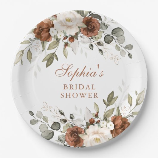 Assiettes En Carton Lancement de mariage floral rouille crème verdure (Devant)