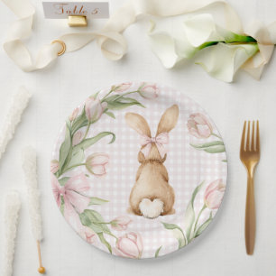Assiettes En Carton Lapin aux tulipes florales à carreaux roses