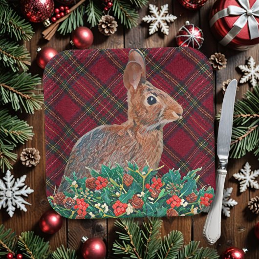 Assiettes En Carton Lapin avec baies Holly et Plaid