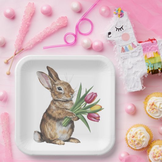Assiettes En Carton Lapin Avec Bouquet Tulip (Fête)
