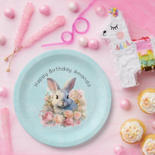 Assiettes En Carton Lapin avec une guirlande de roses Joyeux Anniversa