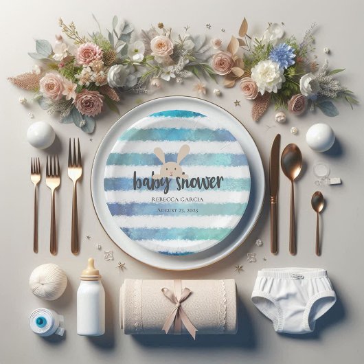 Assiettes En Carton Lapin baby shower Lapin Bleu Bleu Blancs