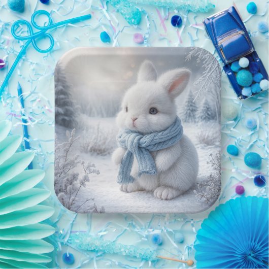 Assiettes En Carton Lapin Blanc Avec Écharpe Hiver (Fête)
