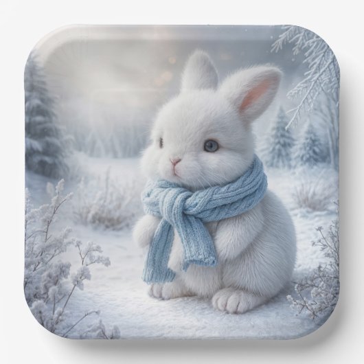 Assiettes En Carton Lapin Blanc Avec Écharpe Hiver (Recto)