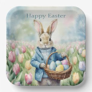 Assiettes En Carton Lapin de Pâques dans une prairie de tulipes