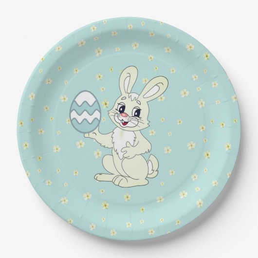 Assiettes En Carton Lapin de Pâques et Motif Fleur sur Bleu clair (Devant)