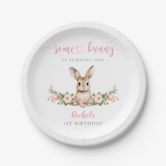 Assiettes En Carton Lapin Floral Rose Un lapin 1er Anniversaire (Devant)