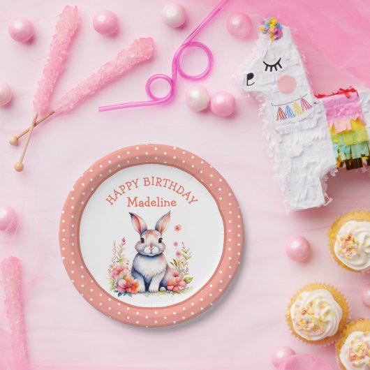 Assiettes En Carton Lapin lapin en fleurs Joyeux anniversaire Personna (Fête)